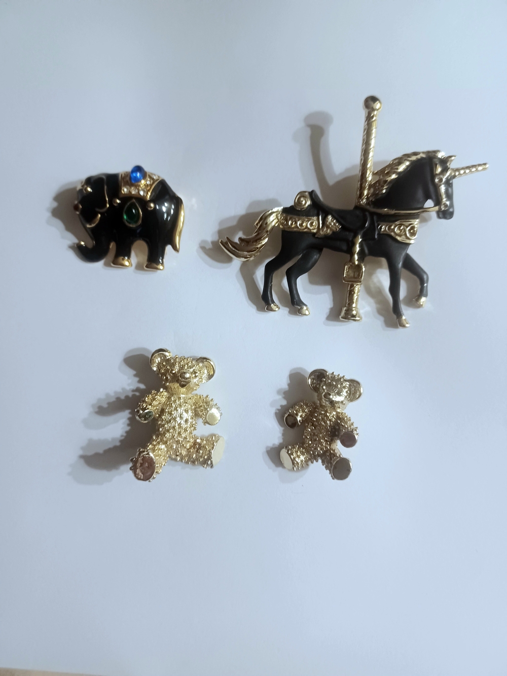 BLACK ENAMEL ELEPHANT - UNICORN CAROUSEL & SET OF 2 GOLDTONE TEDDY BEAR PINS